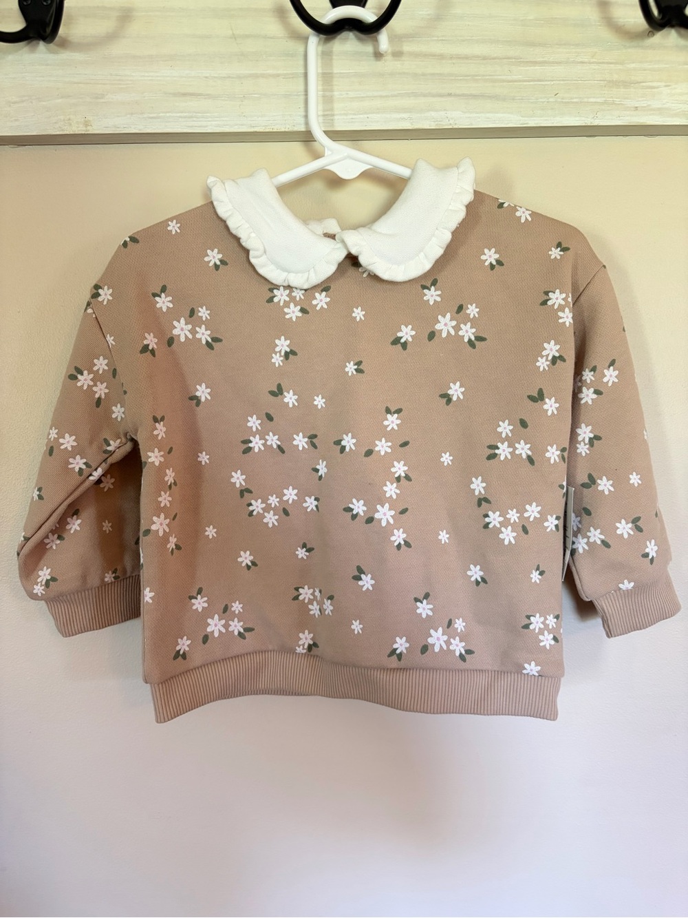 okie dokie Floral Ruffle Collar Sweatshirt - Tan & White